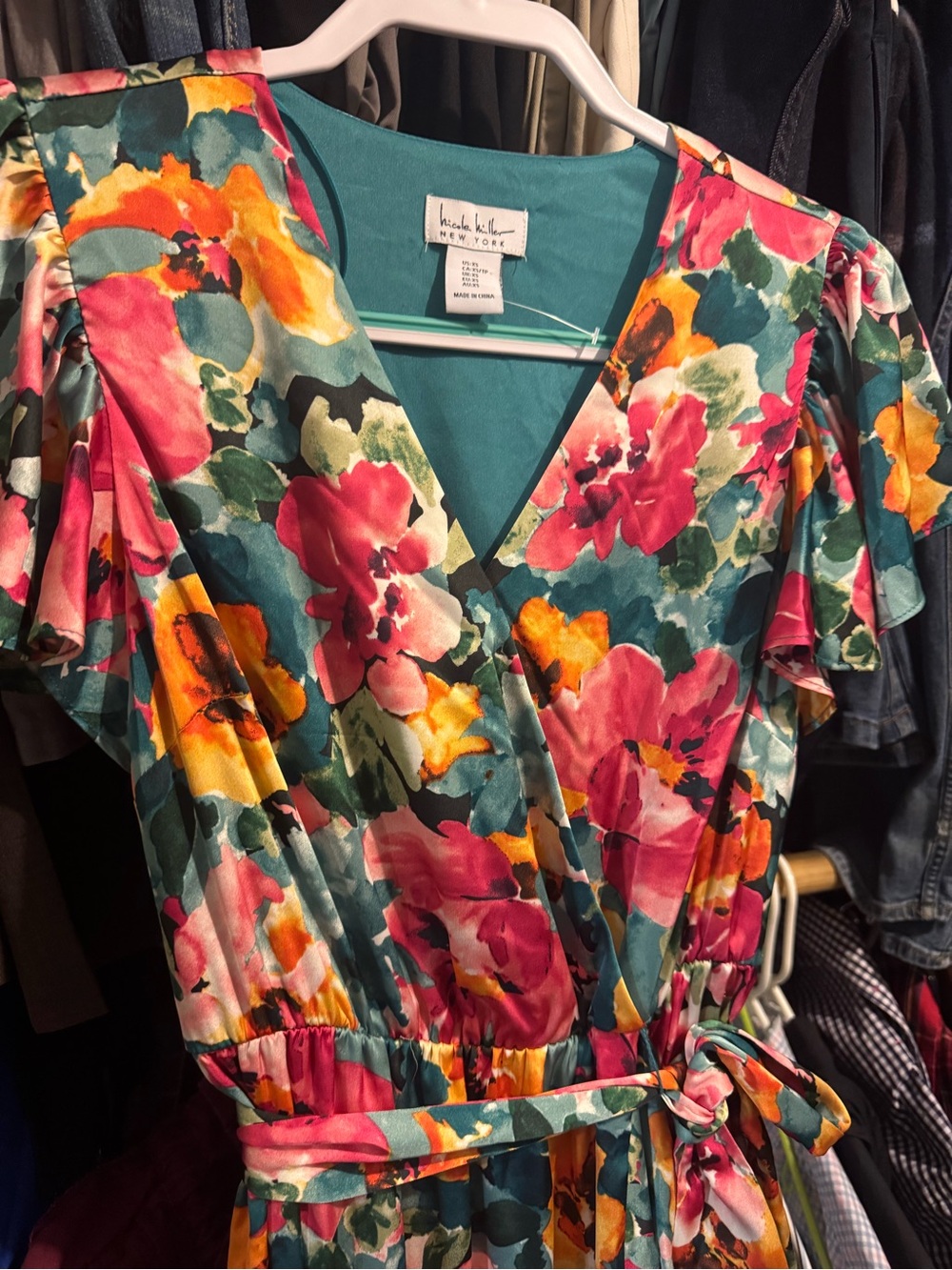 Nicole Miller Floral Midi Dress in Teal, Pink, Orange - Picture 2 of 3